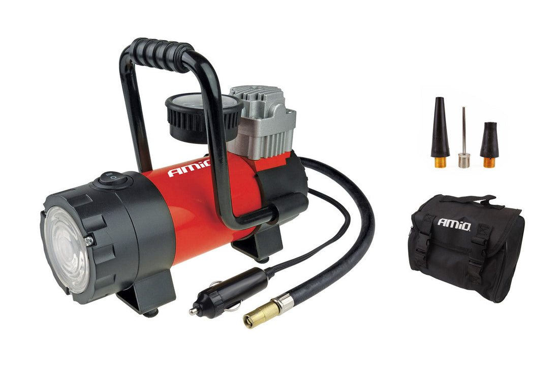 Compresor auto 12V cu carcasă metalică și lanternă LED
