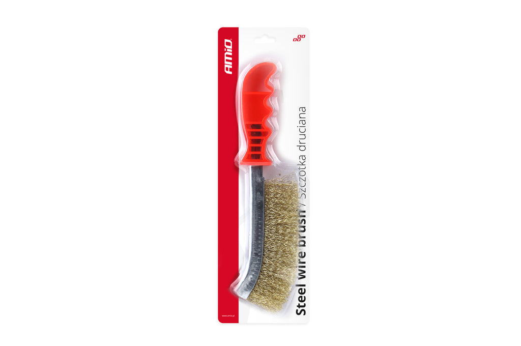 Perie de sarma cu peri sertizati, placati cu alama si maner din platic, lungime totala 25,5 cm