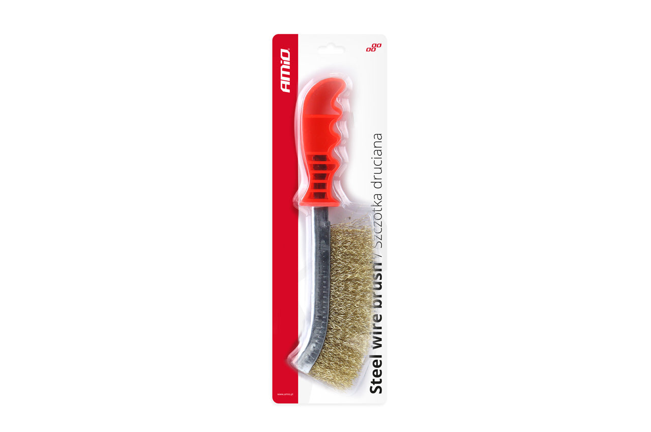 Perie de sarma cu peri sertizati, placati cu alama si maner din platic, lungime totala 25,5 cm