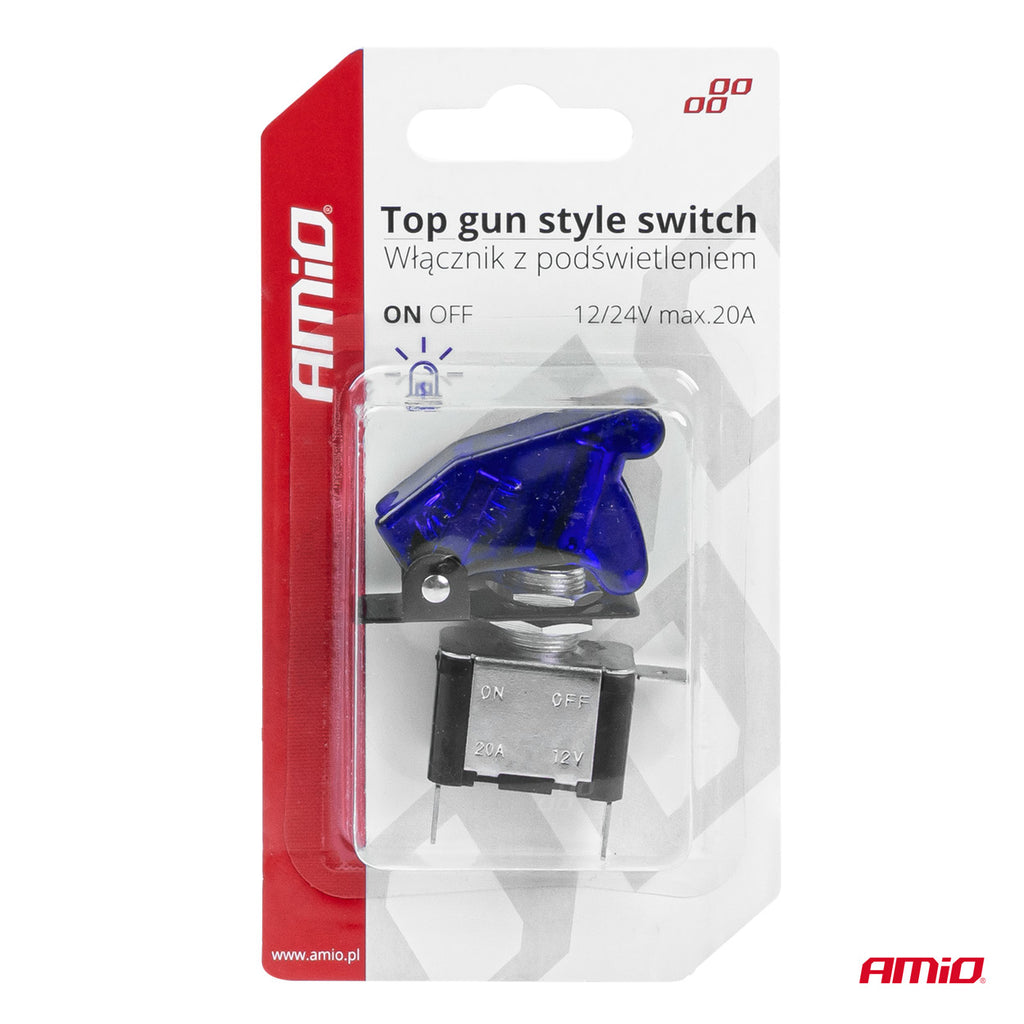 Comutator iluminat (intrerupator) cu protectie, destinatie auto, moto, ATV, SSV, Off-Road, model "TOP GUN", tensiune 12V - 24V, culoare Albastra