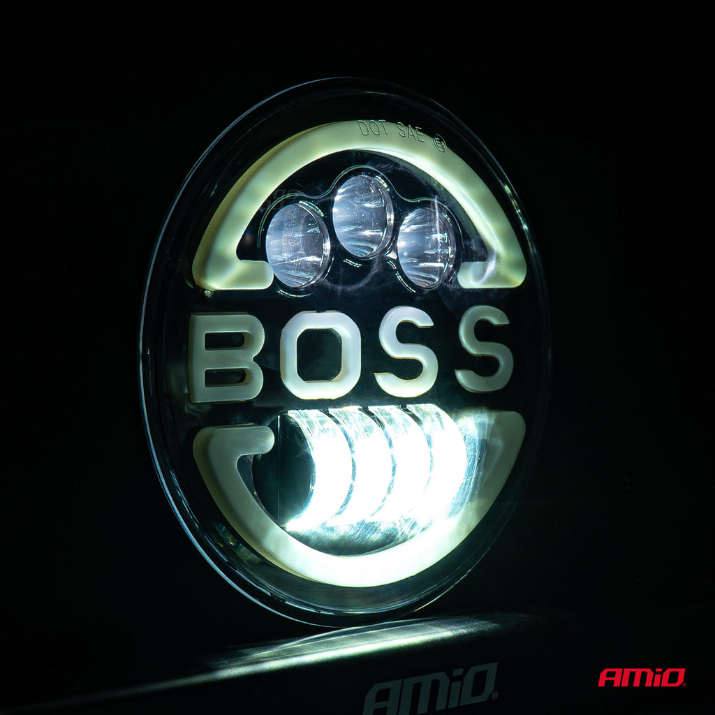 Lampa Suplimentara LED pentru Vehicule Off-Road, ATV, SSV, cu inscriptie "BOSS" si functii: Faza Lunga, Faza Scurta, Semnalizare, Pozitie, tensiune alimentare 9 - 36V, diametru Ø170 mm