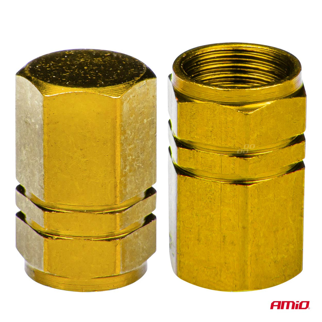 Set 4 capacele auto pentru ventil, din aluminiu, model Hexagon, culoare Galben
