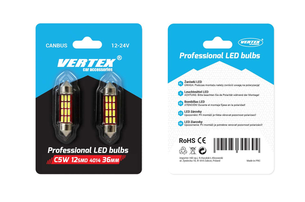 Set becuri auto cu LED CANBUS sofit compatibil C5W 12 SMD 36mm Alb 12/24V, destinat competitiilor auto sau off-road
