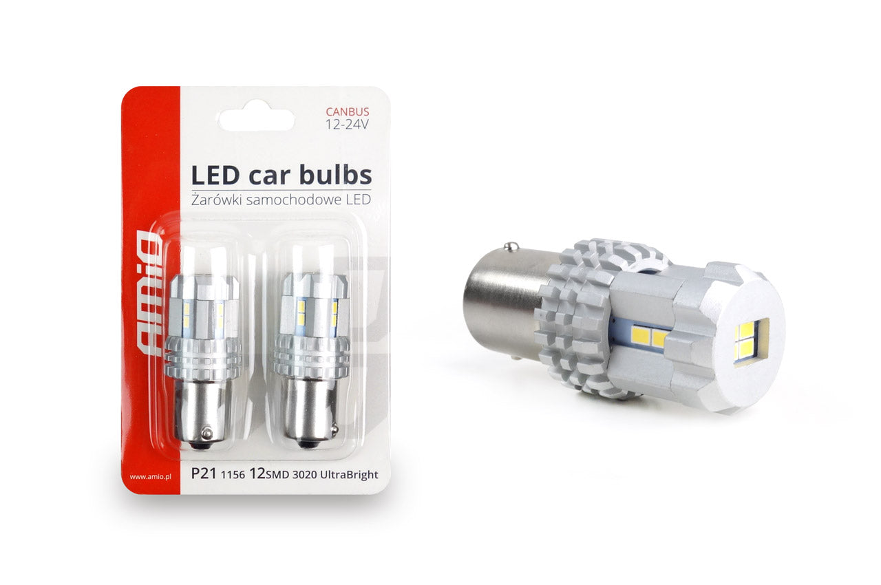 Set becuri auto cu LED CANBUS compatibil P21 R5W/R10W 22 SMD Alb 12V/24V, destinat competitiilor auto sau off-road