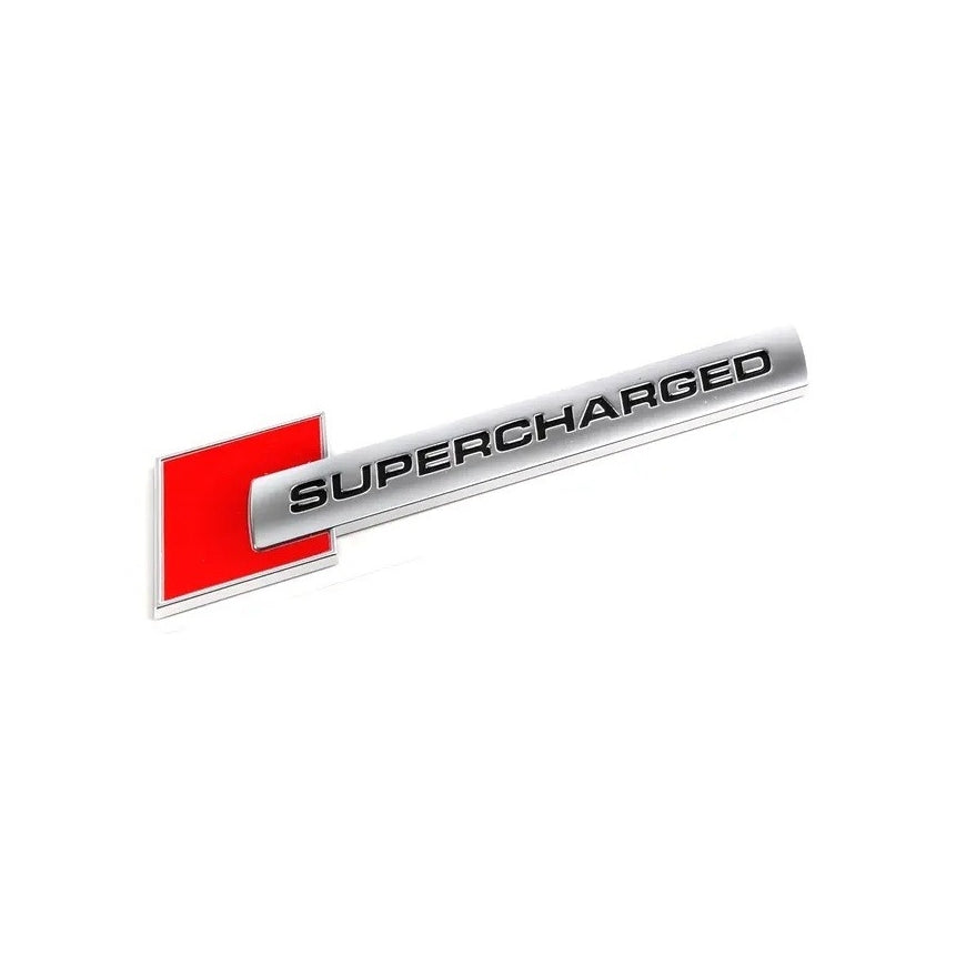 Emblema auto model "SUPERCHARGED", reliefata 3D, dimensiune 10 x 1 cm