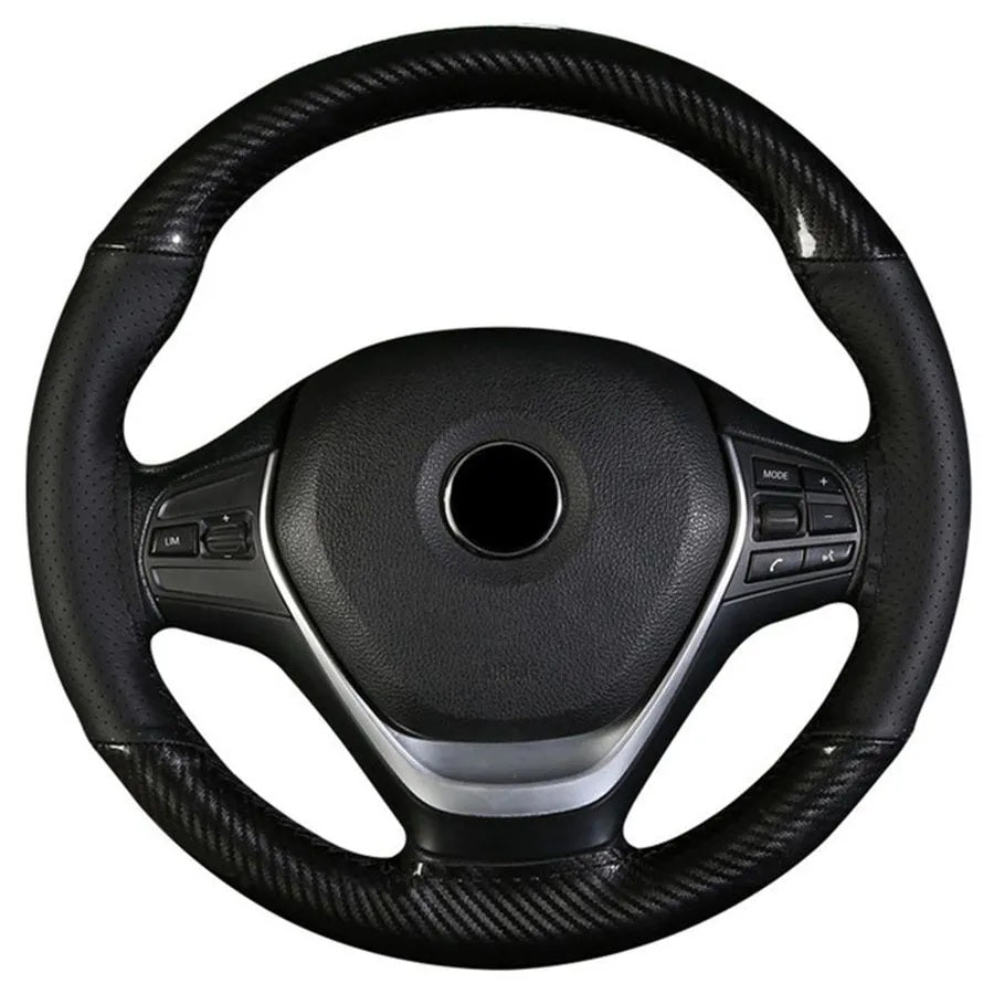 Husa volan din Piele Neagra Perforata + Carbon Black si ata neagra pentru cusut, marime M, diametru 37 - 39 cm
