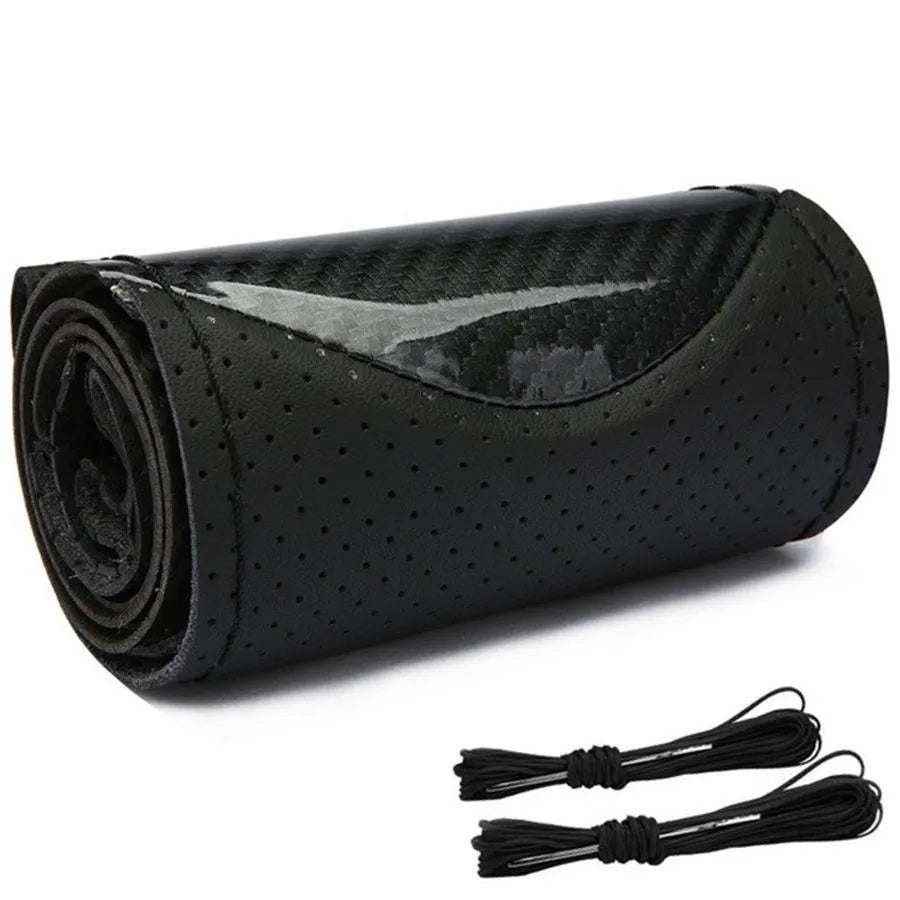 Husa volan din Piele Neagra Perforata + Carbon Black si ata neagra pentru cusut, marime M, diametru 37 - 39 cm