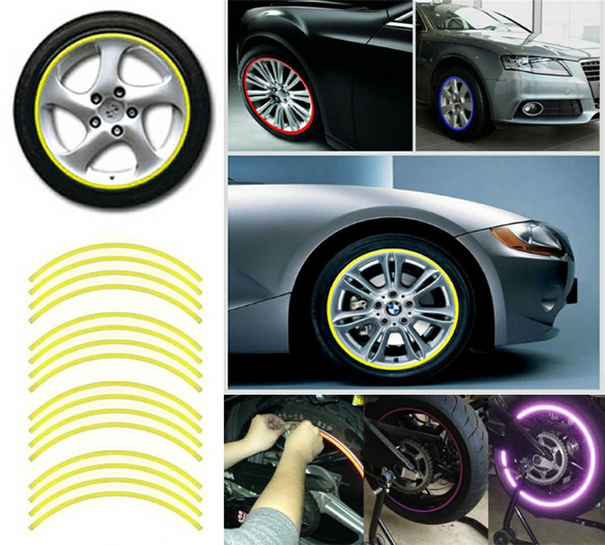 Set 16 ornamente Reflectorizante pentru jante auto, moto, culoare Galben