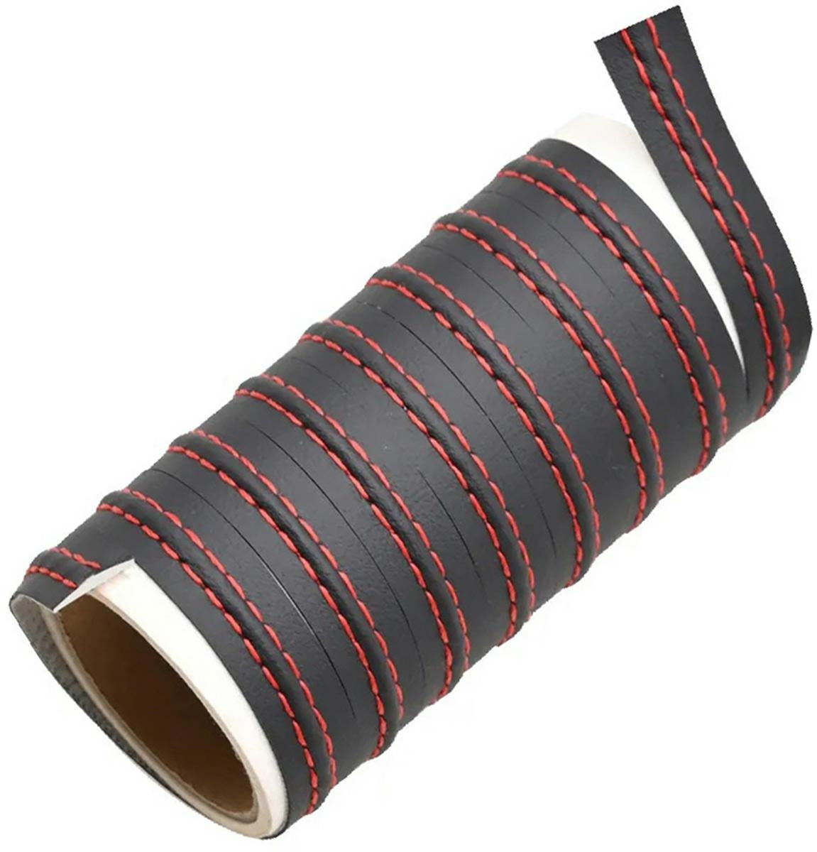 Banda decorativa pentru interiorul vehiculului, lungime 2m, din piele ecologica, culoare Neagra + cusatura Rosie