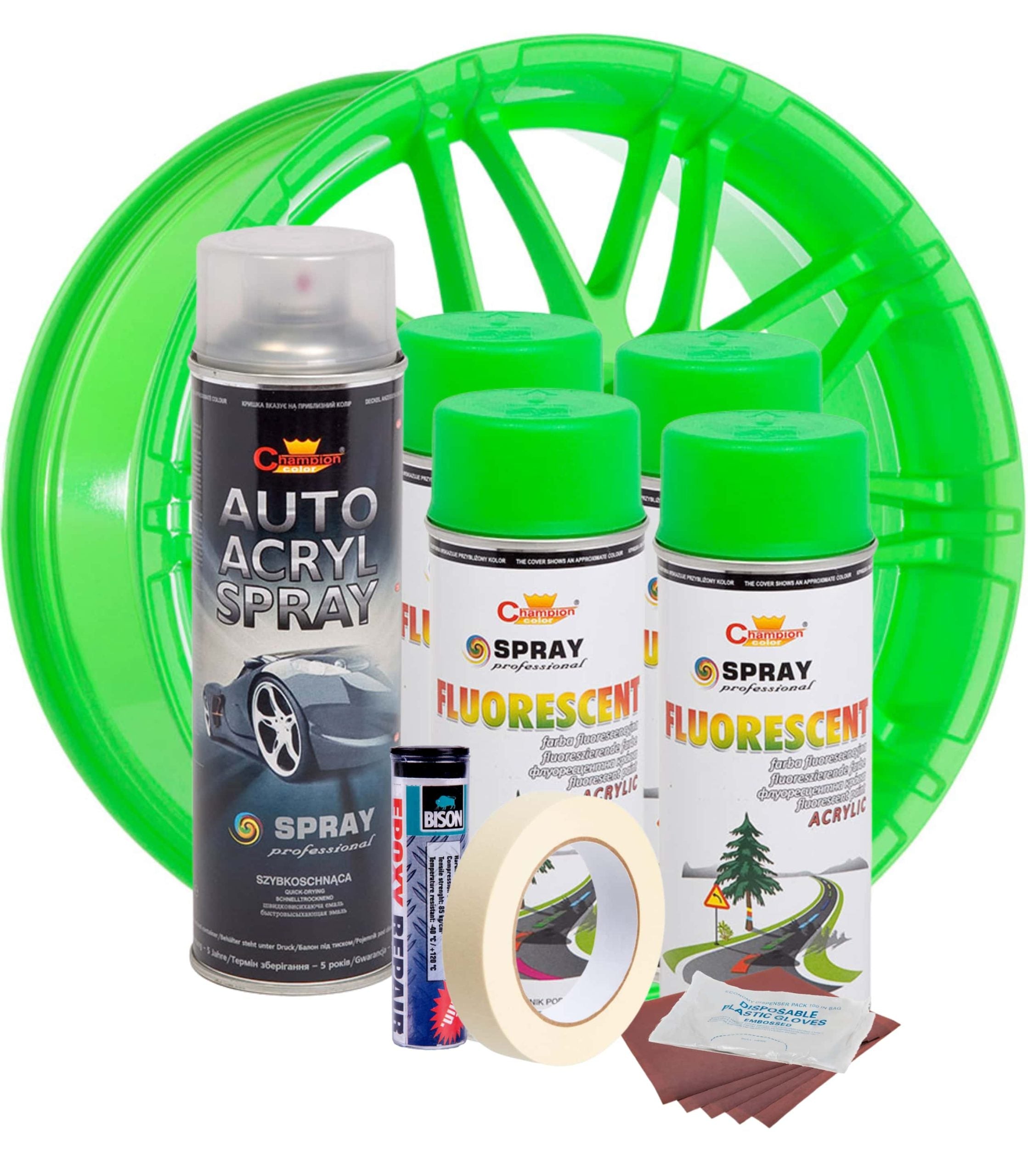 Kit complet reparatie si vopsire jante culoare Verde Fluorescent, V4