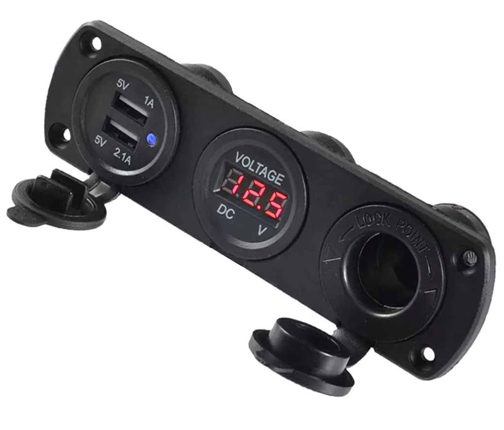Priza suplimentara impermeabila pentru vehicule Off Road, ATV, SSV, tensiune 12V, 2 x USB si Voltmetru