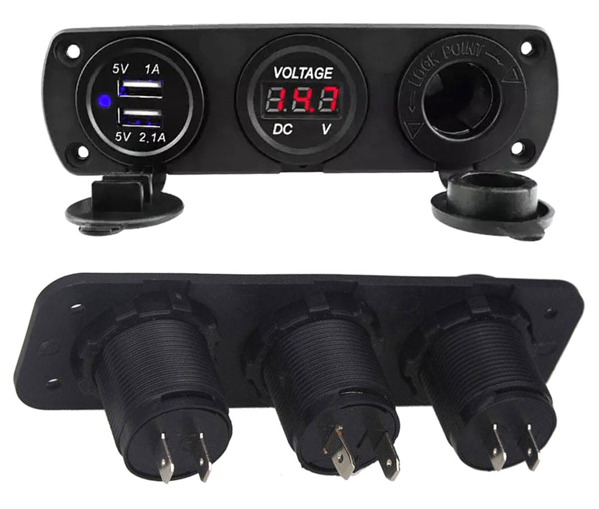 Priza suplimentara impermeabila pentru vehicule Off Road, ATV, SSV, tensiune 12V, 2 x USB si Voltmetru