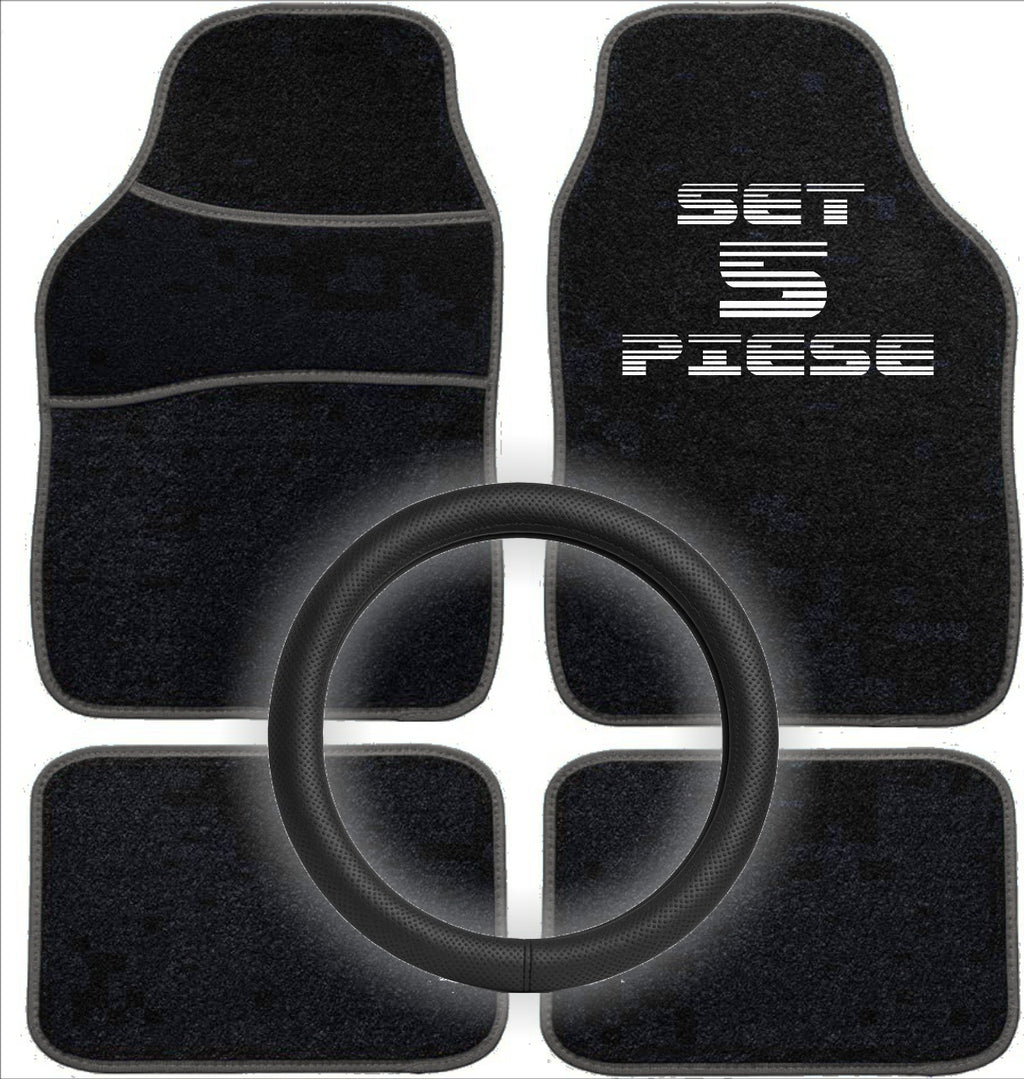 Set Auto Essential AVEX – 5 piese, Covorase Universale Mocheta + Husa Volan Piele Ecologica Perforata, Negru