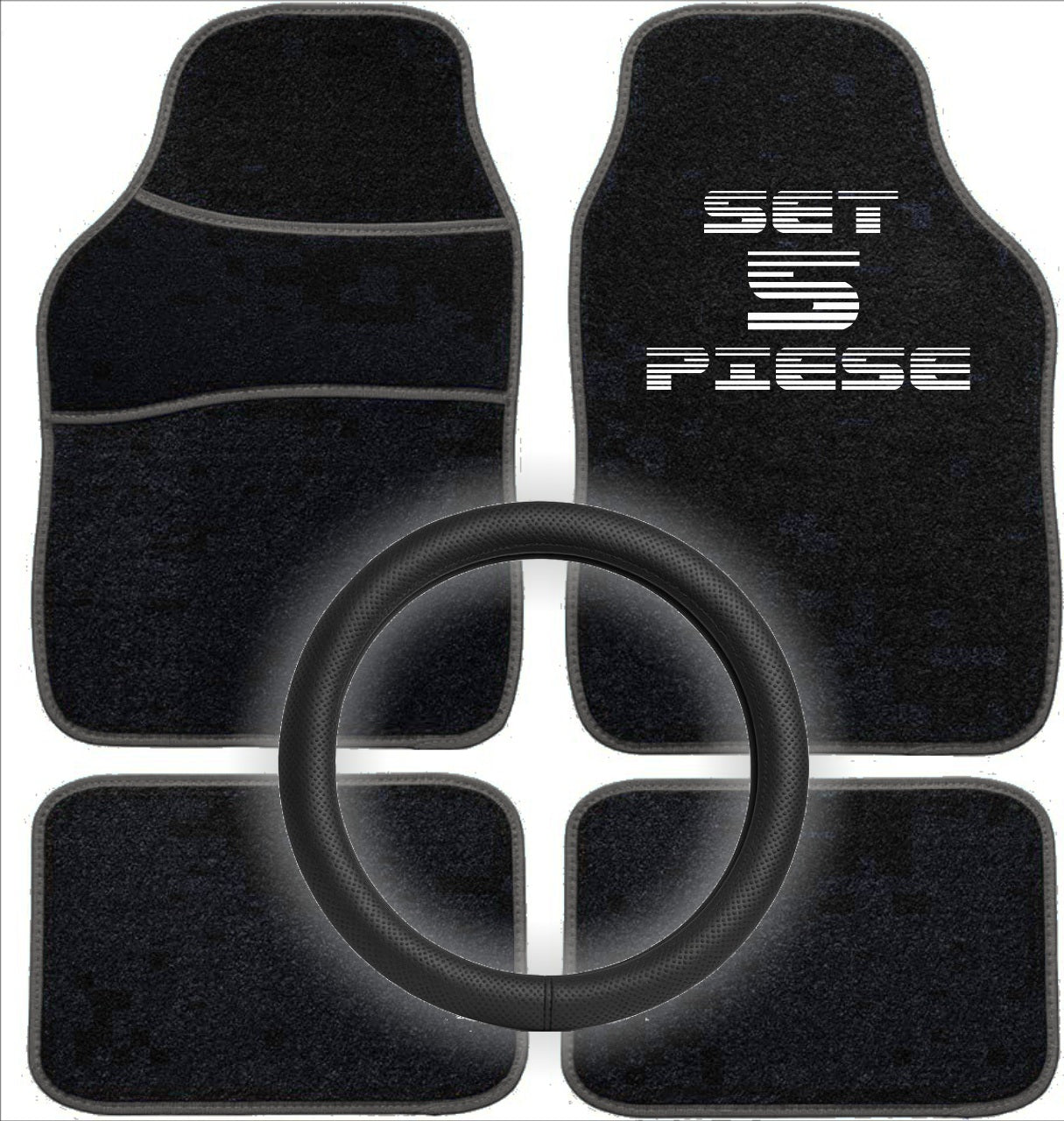 Set Auto Essential AVEX – 5 piese, Covorase Universale Mocheta + Husa Volan Piele Ecologica Perforata, Negru