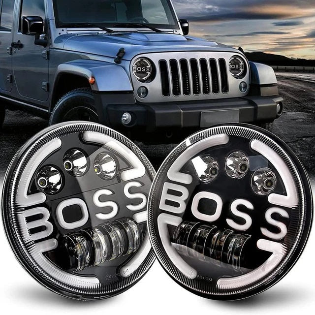 Lampa Suplimentara LED pentru Vehicule Off-Road, ATV, SSV, cu inscriptie "BOSS" si functii: Faza Lunga, Faza Scurta, Semnalizare, Pozitie, tensiune alimentare 9 - 36V, diametru Ø170 mm