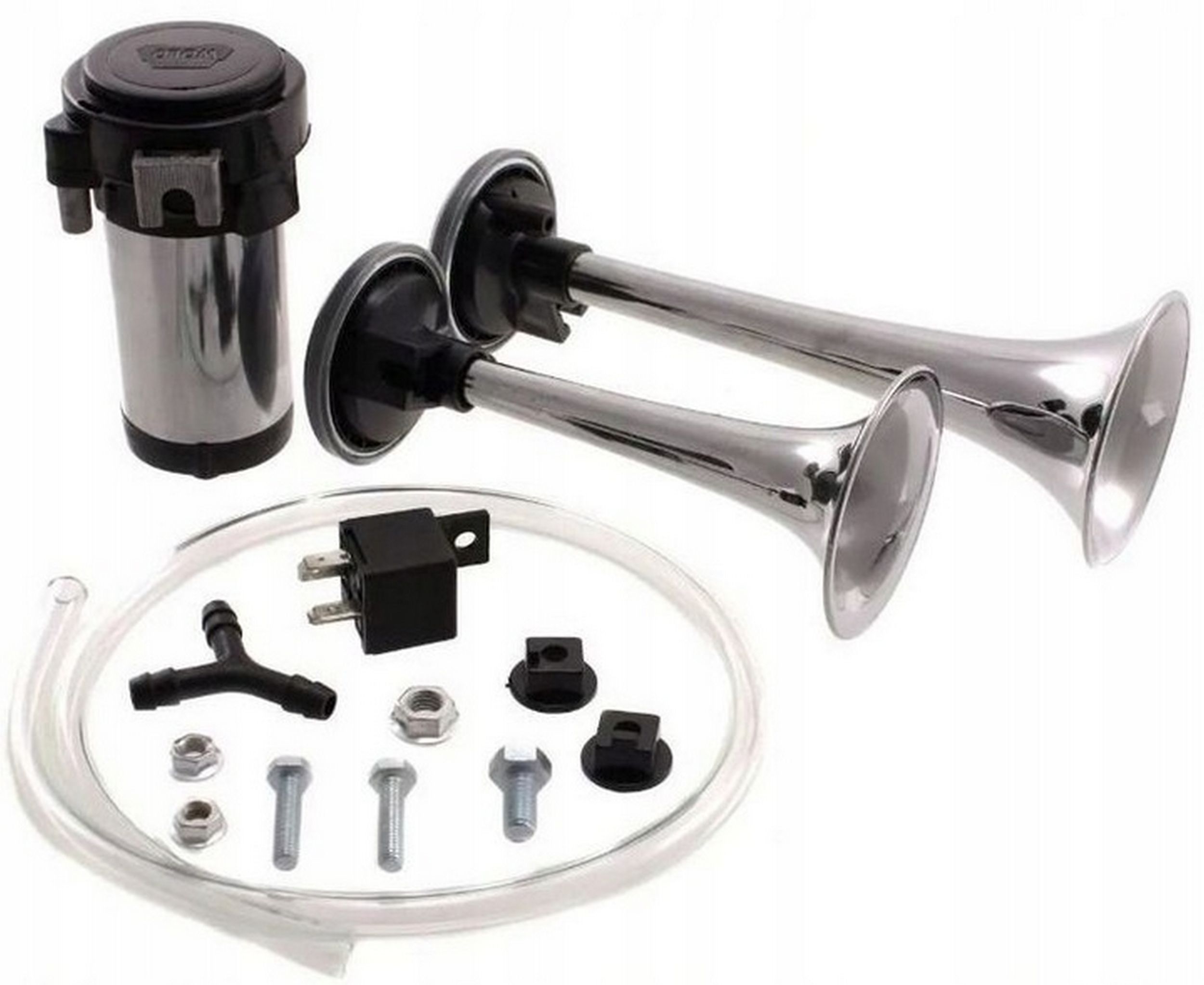 Claxon bitonal cu 2 goarne, Super Puternic, 178db, alimentare 12V cu compresor electric inclus, culoare Crom/Negru
