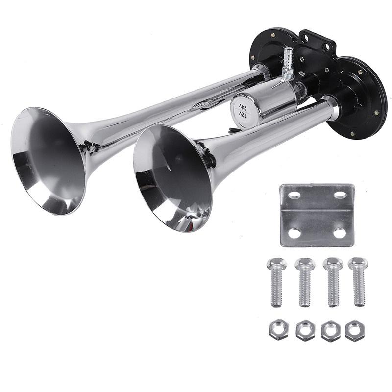 Claxon bitonal cu 2 goarne, alimentare 12/24V pentru vehiculele dotate cu compresor de aer, culoare Crom/Negru