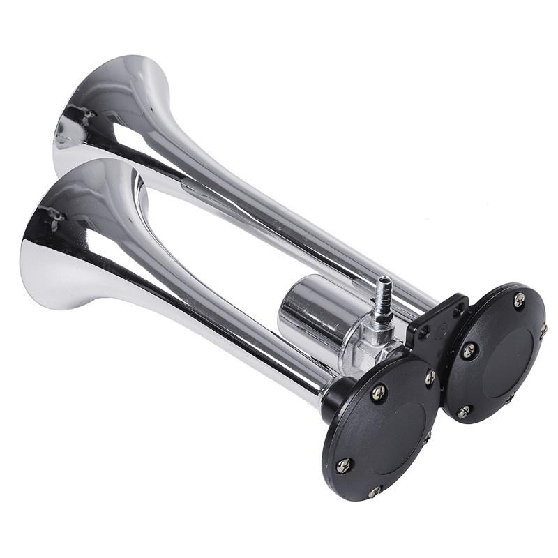 Claxon bitonal cu 2 goarne, alimentare 12/24V pentru vehiculele dotate cu compresor de aer, culoare Crom/Negru