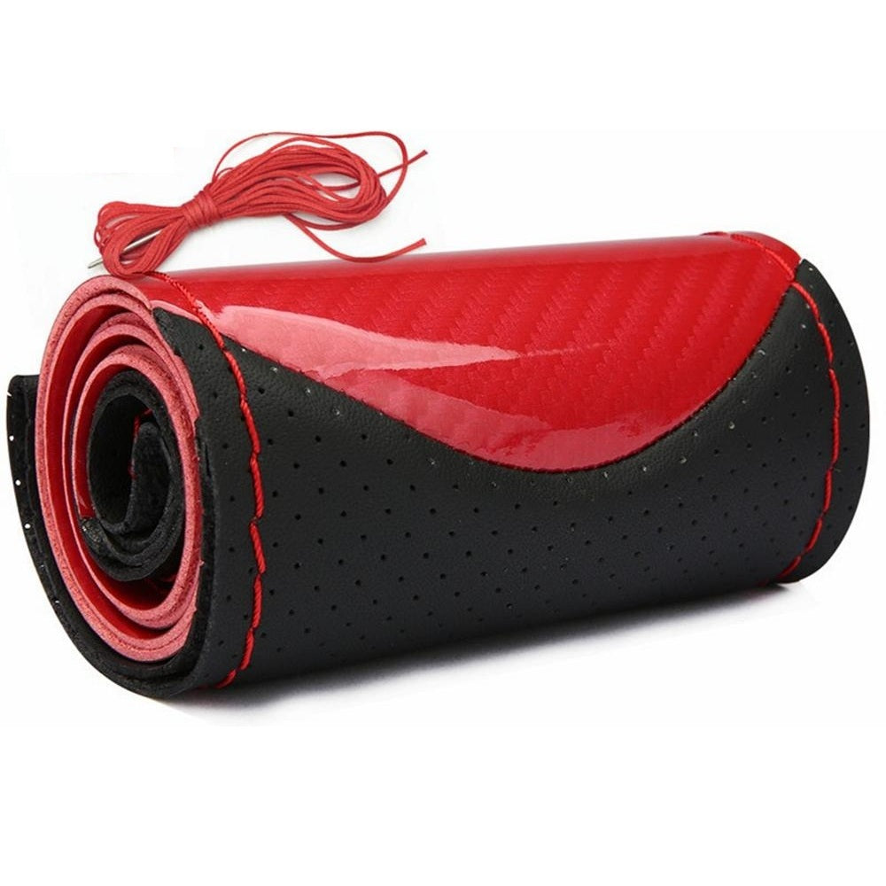 Husa volan din Piele Neagra Perforata + Carbon Red si ata rosie pentru cusut, marime M, diametru 37 - 39 cm