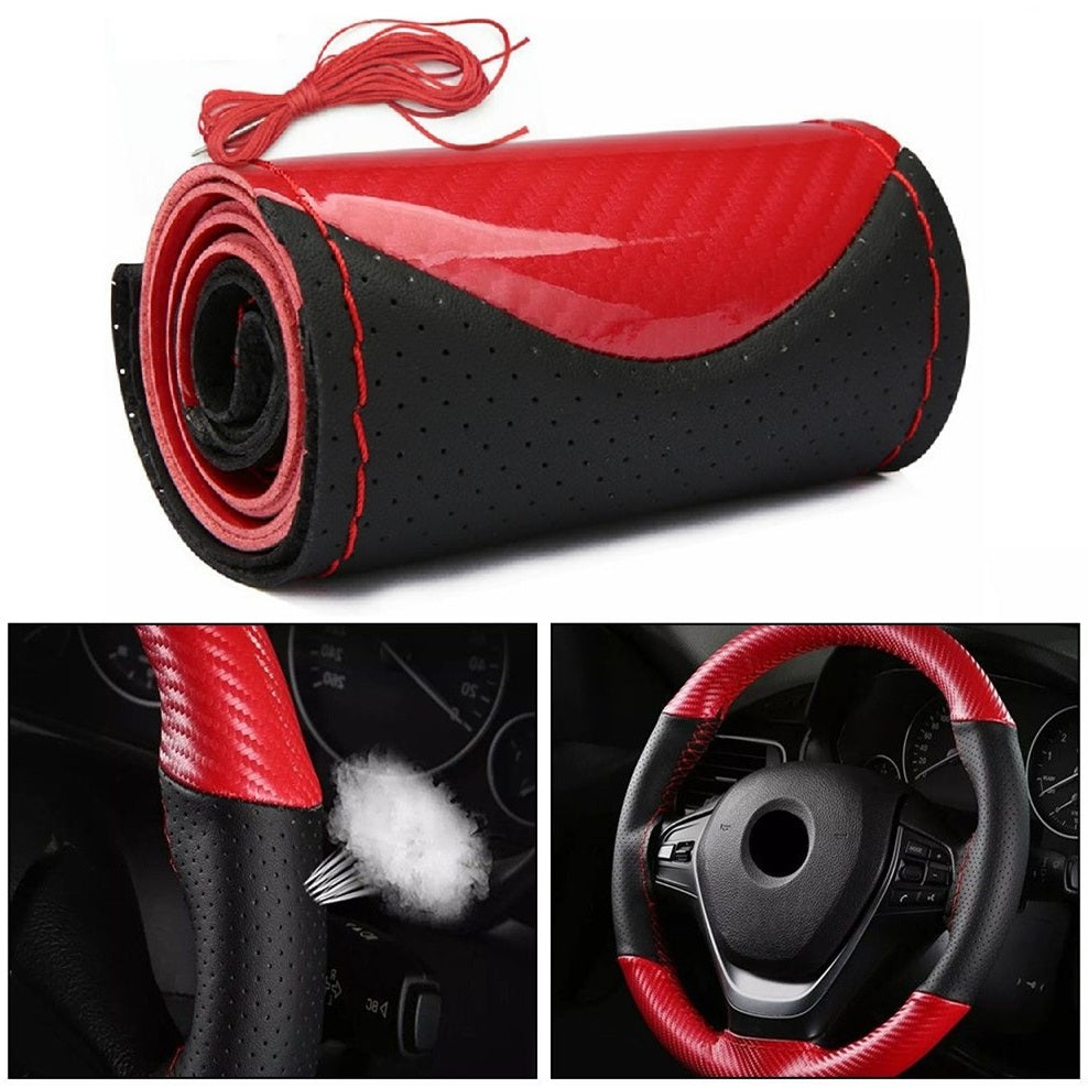 Husa volan din Piele Neagra Perforata + Carbon Red si ata rosie pentru cusut, marime M, diametru 37 - 39 cm