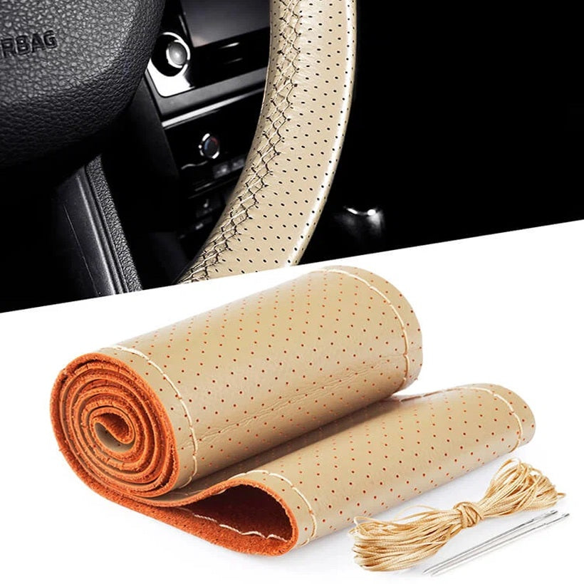 Husa volan din PIELE BEJ + ATA BEJ, diametru 37 - 39 cm (se coase, aspect ORIGINAL)