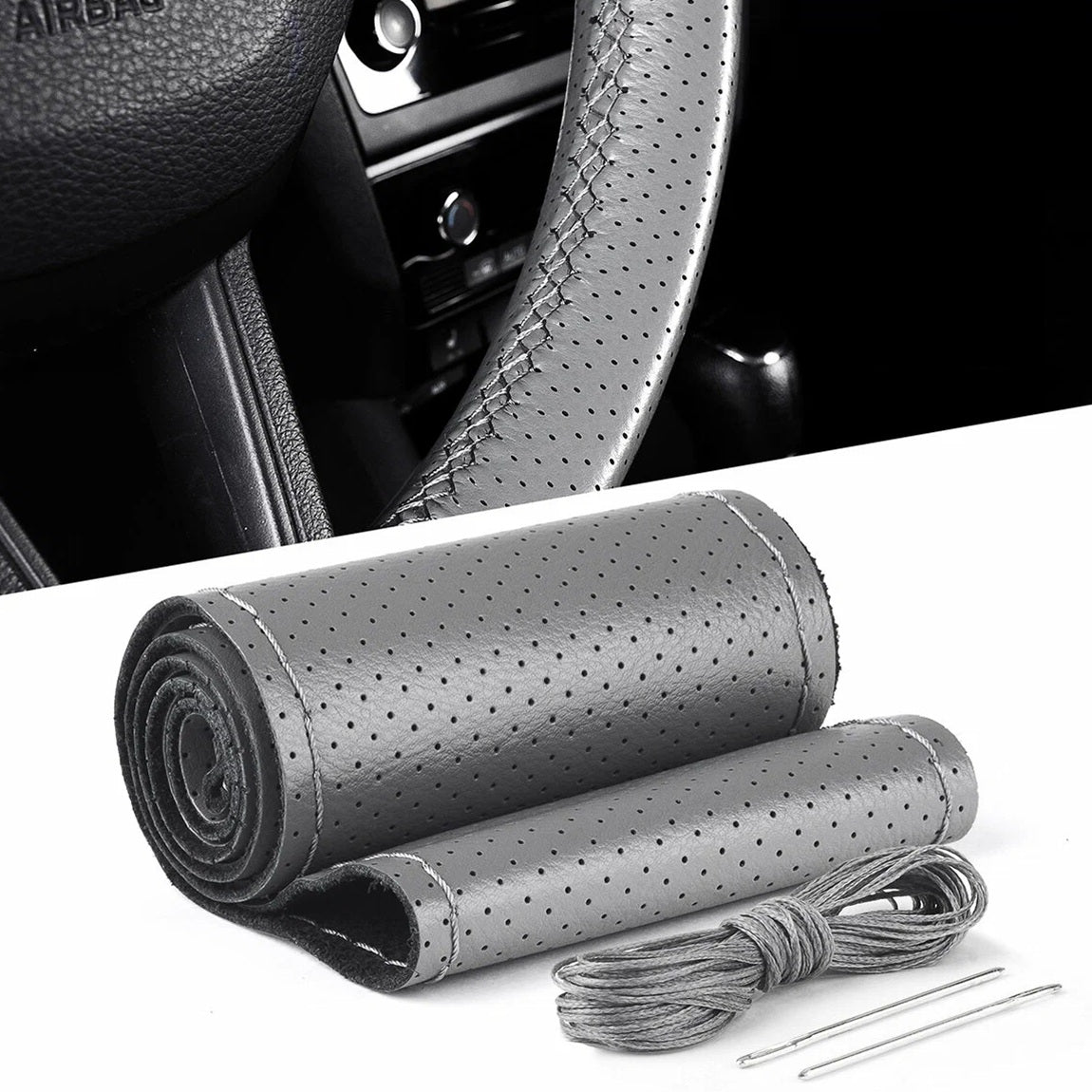Husa volan din PIELE GRI + ATA GRI, diametru 37 - 39 cm (se coase, aspect ORIGINAL)