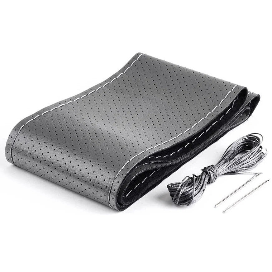 Husa volan din PIELE GRI + ATA GRI, diametru 37 - 39 cm (se coase, aspect ORIGINAL)