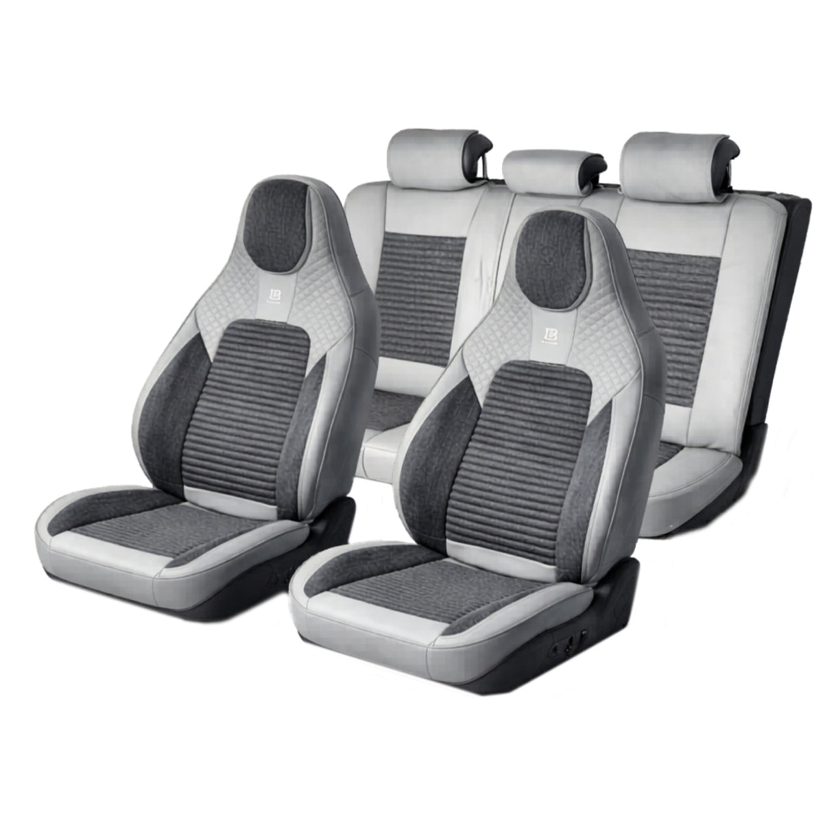 Set huse scaune auto Premium, model BLAZE Elite, design Sportiv,  universale, ergonomice, Piele Ecologica cu insertii textile, culoare Gri/Crem