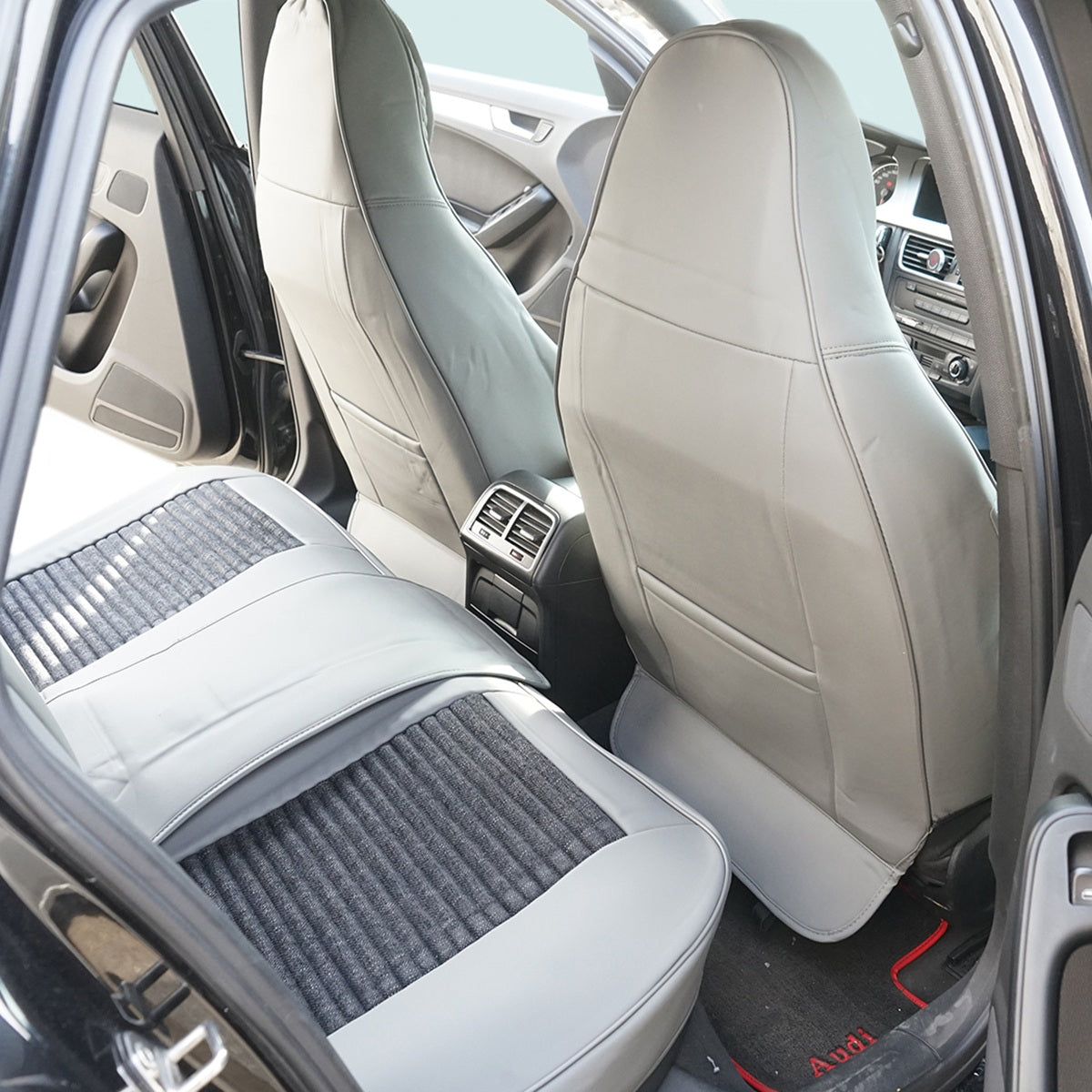Set huse scaune auto Premium, model BLAZE Elite, design Sportiv,  universale, ergonomice, Piele Ecologica cu insertii textile, culoare Gri/Crem