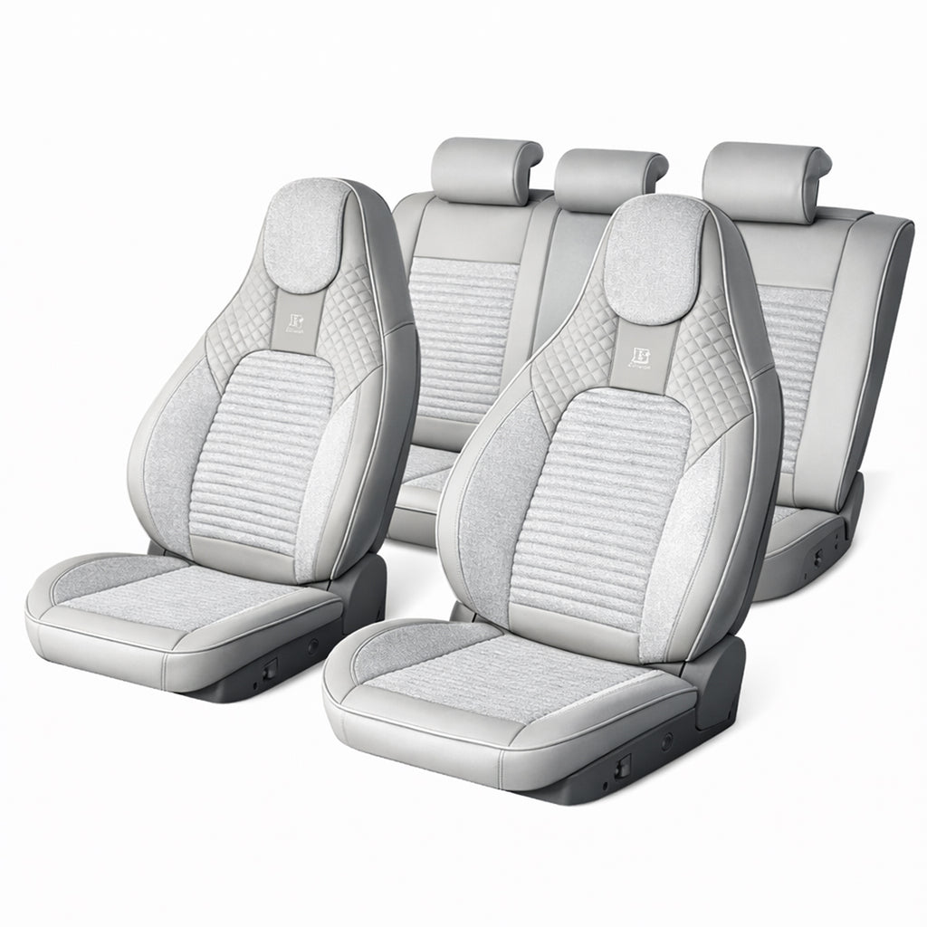 Set huse scaune auto Premium, model BLAZE Luxor, design Sportiv,  universale, ergonomice, Piele Ecologica cu insertii textile, culoare Crem/Gri