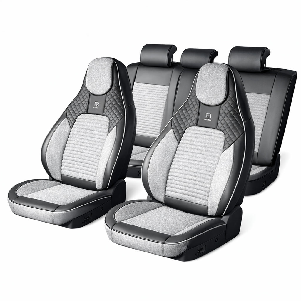 Set huse scaune auto Premium, model BLAZE Prime, design Sportiv,  universale, ergonomice, Piele Ecologica cu insertii textile, culoare Negru/Gri