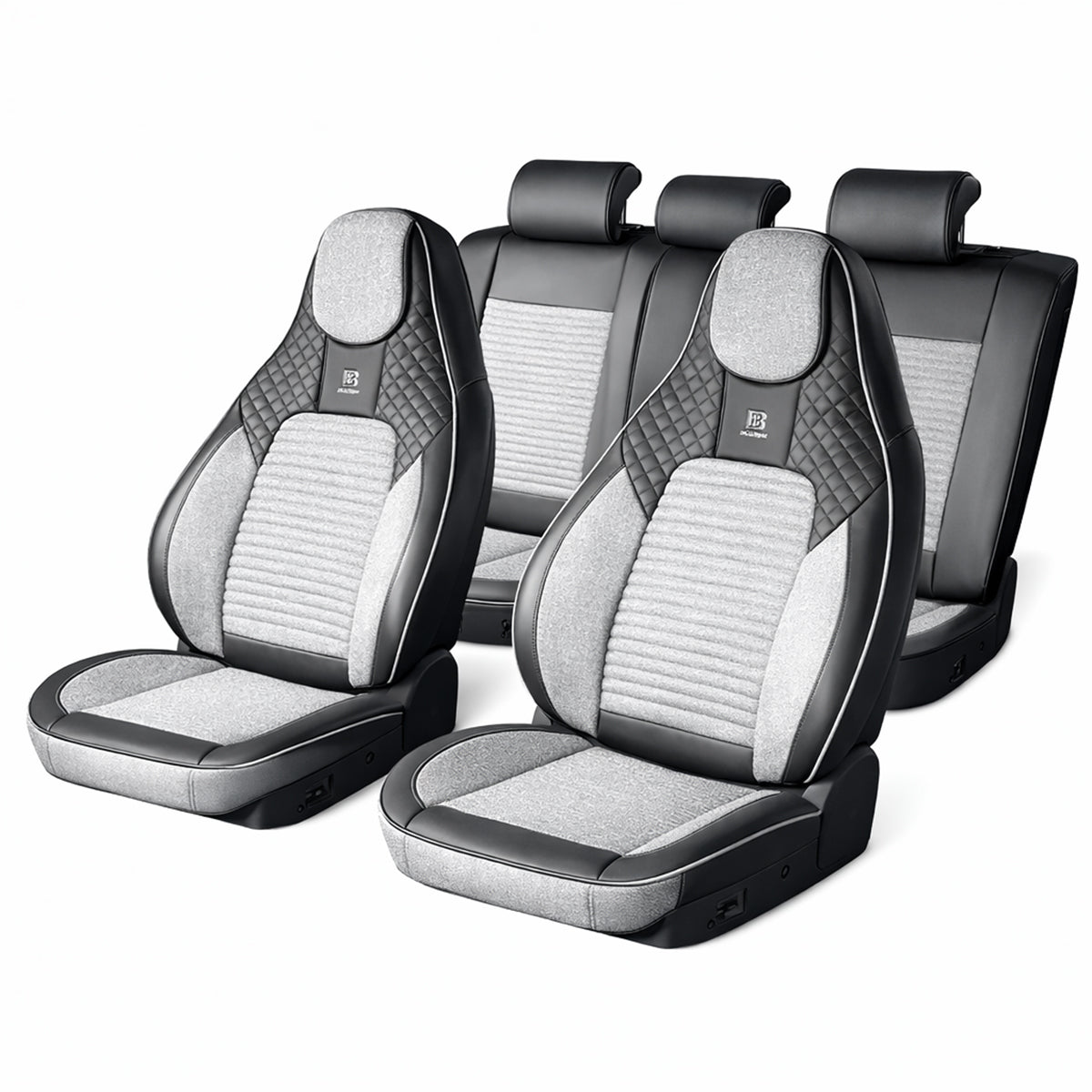 Set huse scaune auto Premium, model BLAZE Prime, design Sportiv,  universale, ergonomice, Piele Ecologica cu insertii textile, culoare Negru/Gri