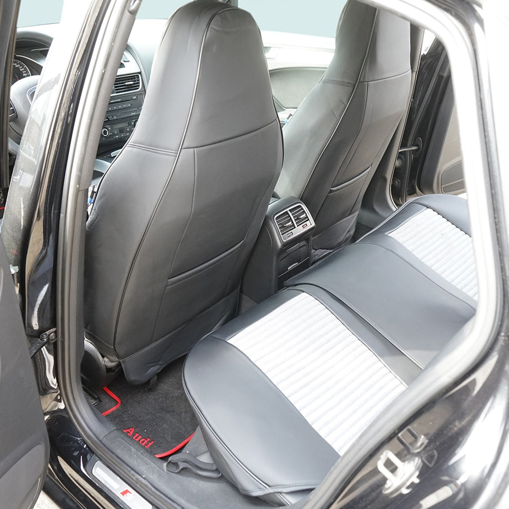 Set huse scaune auto Premium, model BLAZE Prime, design Sportiv,  universale, ergonomice, Piele Ecologica cu insertii textile, culoare Negru/Gri