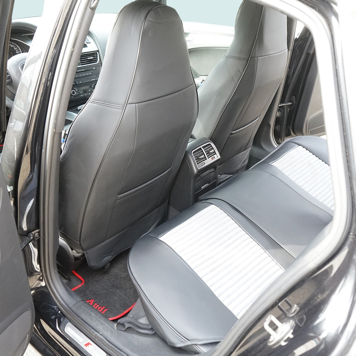 Set huse scaune auto Premium, model BLAZE Prime, design Sportiv,  universale, ergonomice, Piele Ecologica cu insertii textile, culoare Negru/Gri