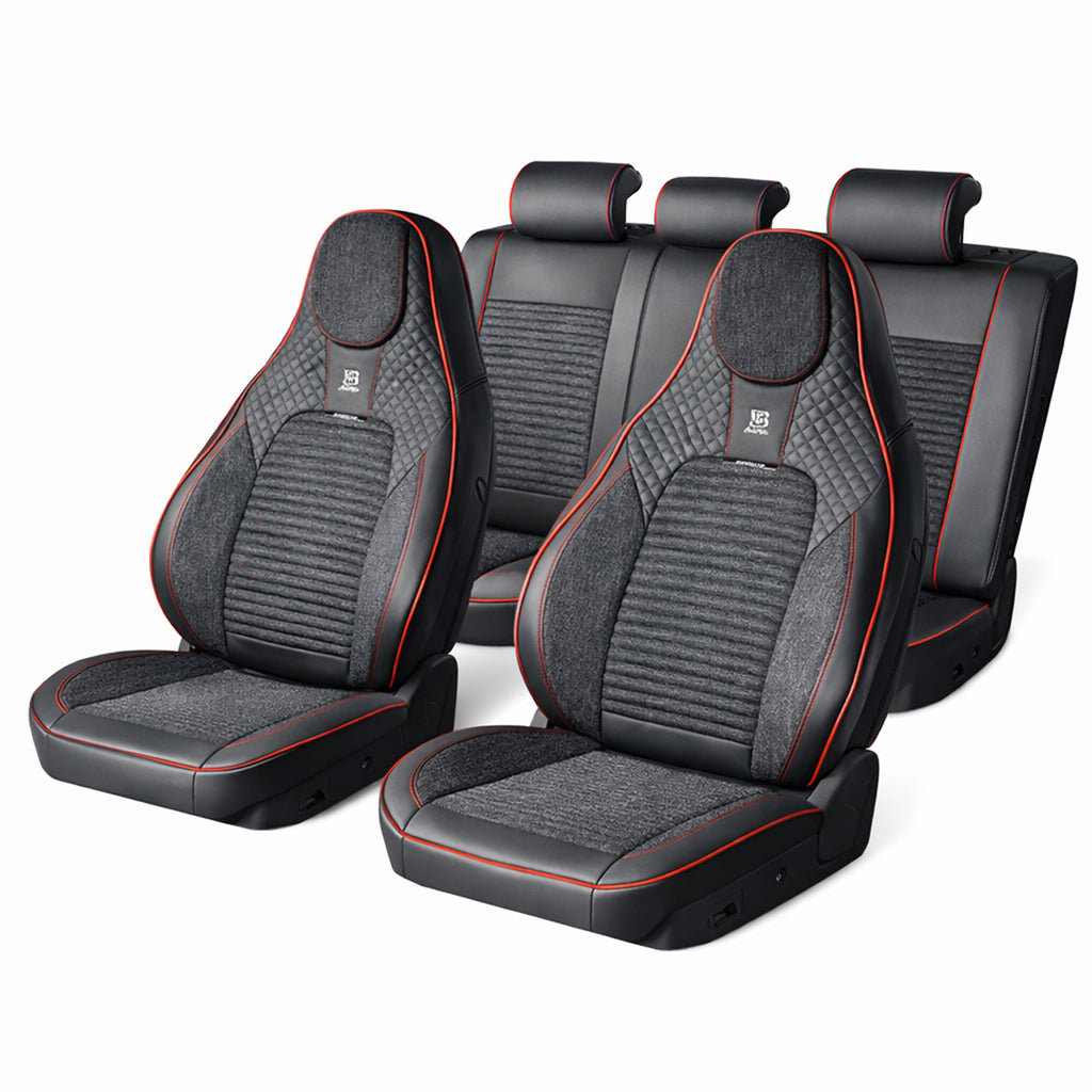 Set huse scaune auto Premium, model BLAZE Torque, design Sportiv,  universale, ergonomice, Piele Ecologica cu insertii textile, culoare Negru/Rosu