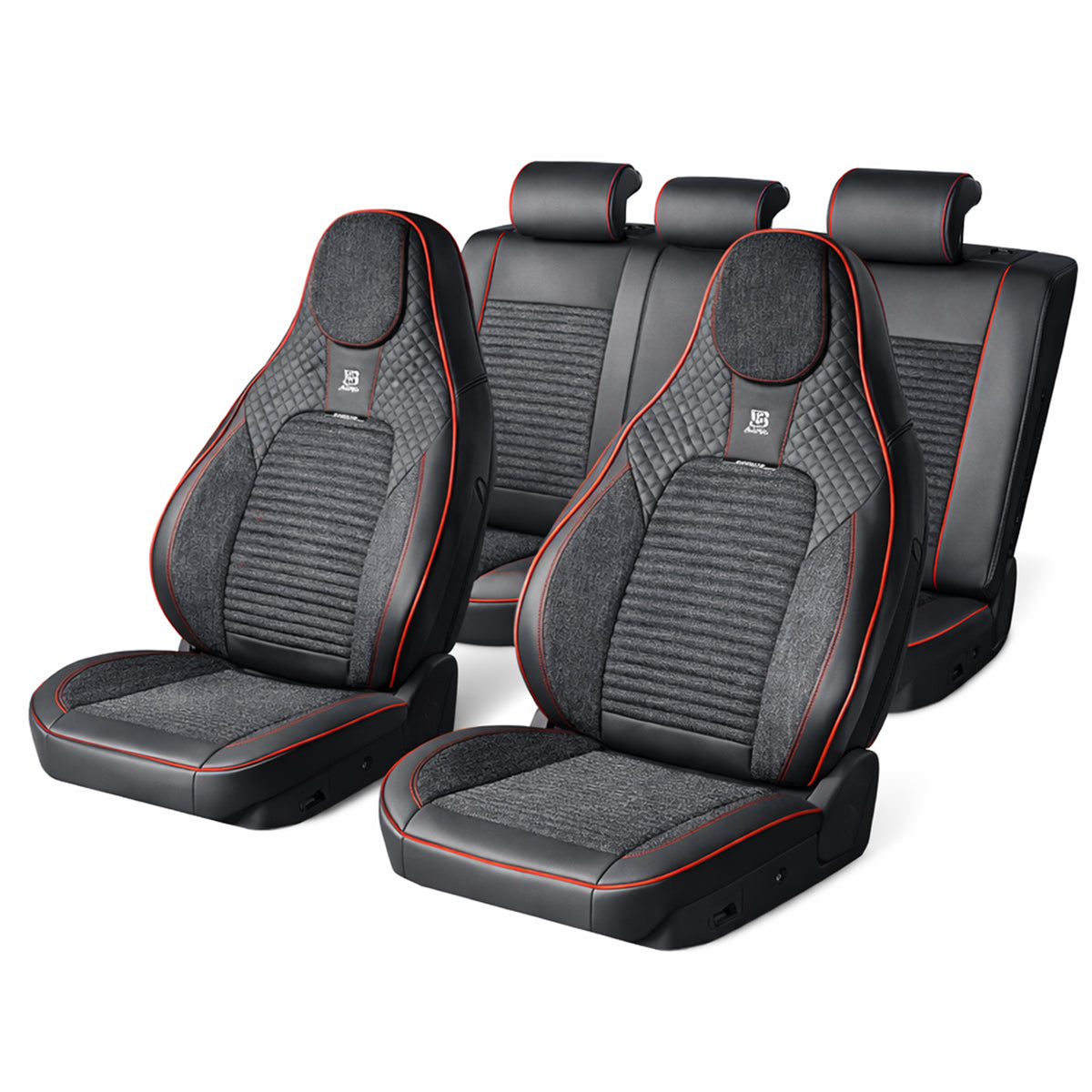 Set huse scaune auto Premium, model BLAZE Torque, design Sportiv,  universale, ergonomice, Piele Ecologica cu insertii textile, culoare Negru/Rosu