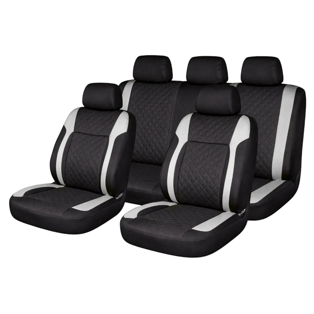 Set huse scaune auto Premium, model DIAMOND Core, design Sportiv,  universale, ergonomice, Piele Ecologica Matlasata, culoare Negru/Gri