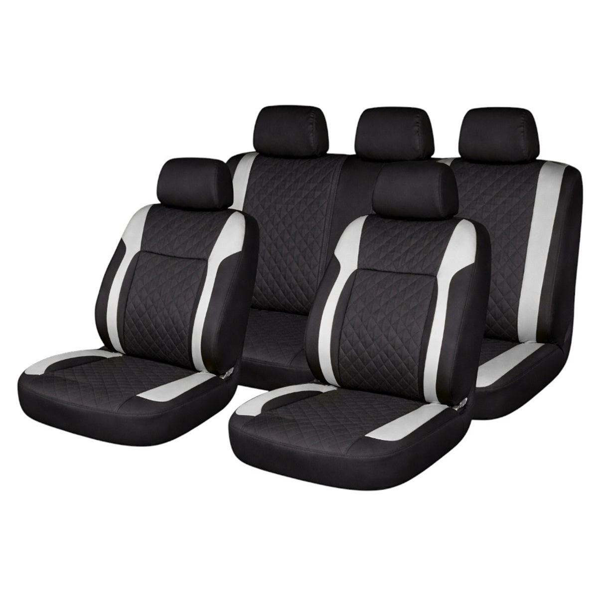 Set huse scaune auto Premium, model DIAMOND Core, design Sportiv,  universale, ergonomice, Piele Ecologica Matlasata, culoare Negru/Gri