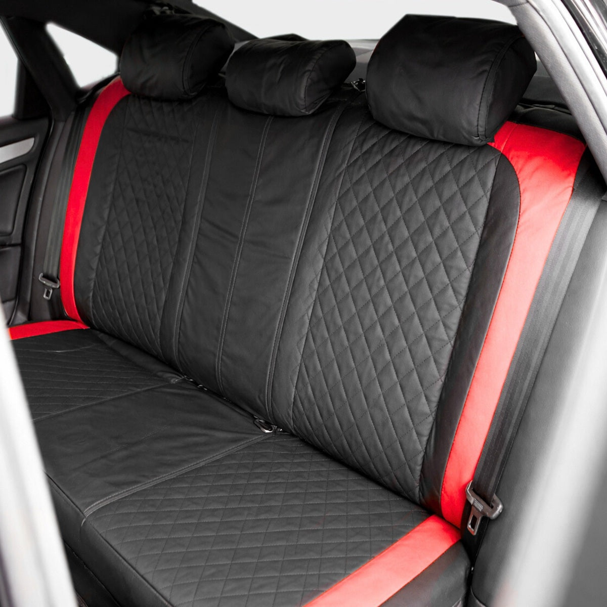 Set huse scaune auto Premium, model DIAMOND Racer, design Sportiv,  universale, ergonomice, Piele Ecologica Matlasata, culoare Negru/Rosu