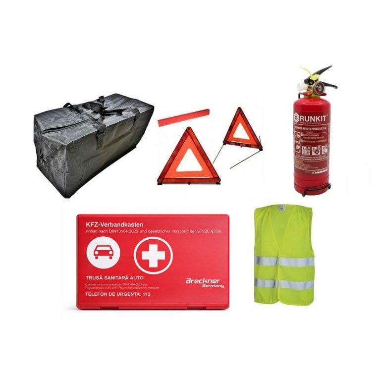 Kit 6 piese "Siguranta Rutiera" compus din Stingator, Trusa Medicala, Triunghi Reflectorizant, Vesta Reflectorizanta si Geanta de depozitare