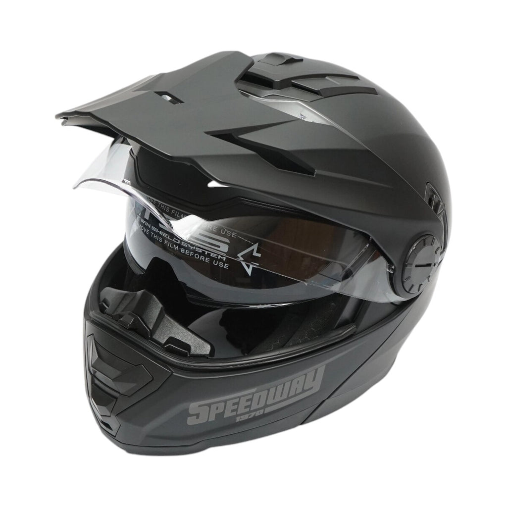 Casca motocross integrala negru mat cu viziera transparenta si ochelari de soare, marimea L, model LION