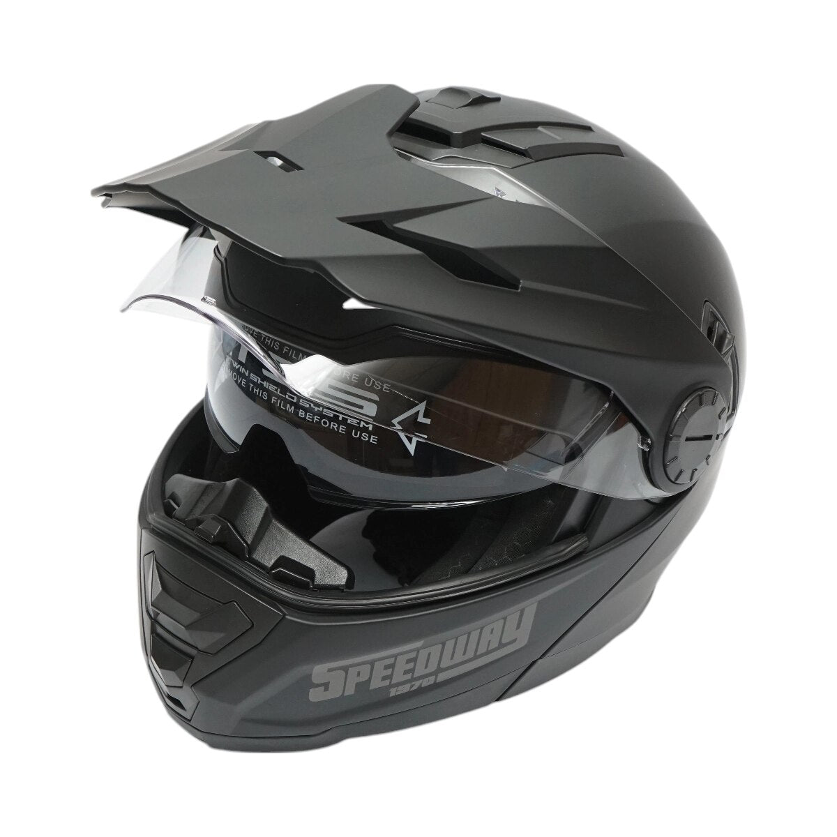 Casca motocross integrala negru mat cu viziera transparenta si ochelari de soare, marimea L, model LION