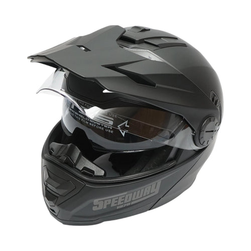 Casca motocross integrala, negru mat cu viziera transparenta si ochelari de soare marimea XL, model LION