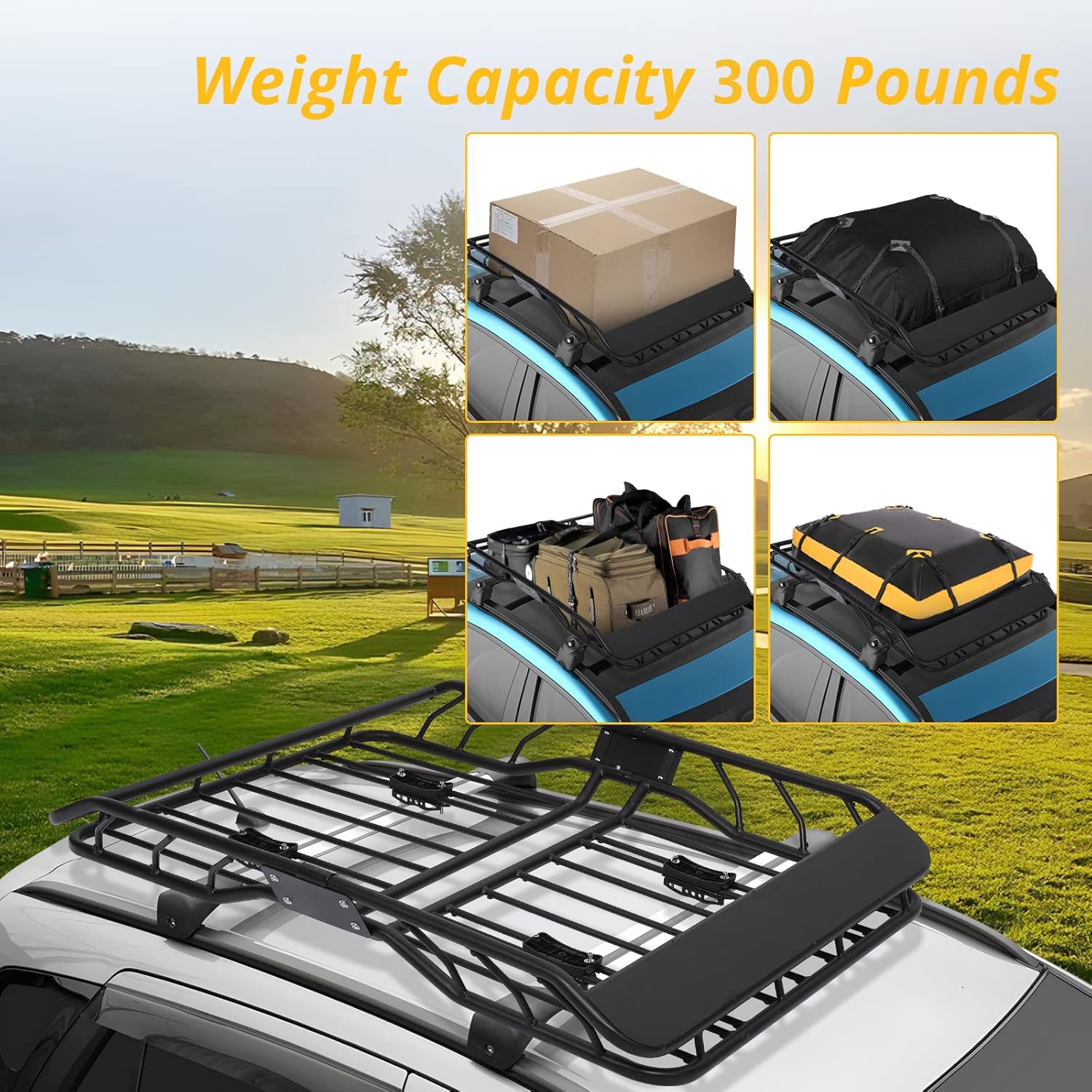 Portbagaj metalic pentru plafon de tip "ROOF RACK", dimensiune 127 x 100cm, culoare neagra, cu bare transversale incluse